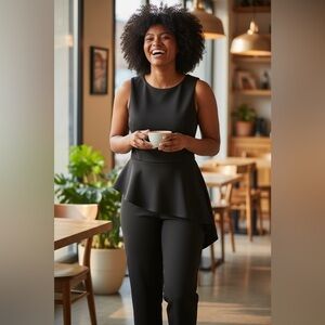 Elegant Black Peplum Top and Pants Set